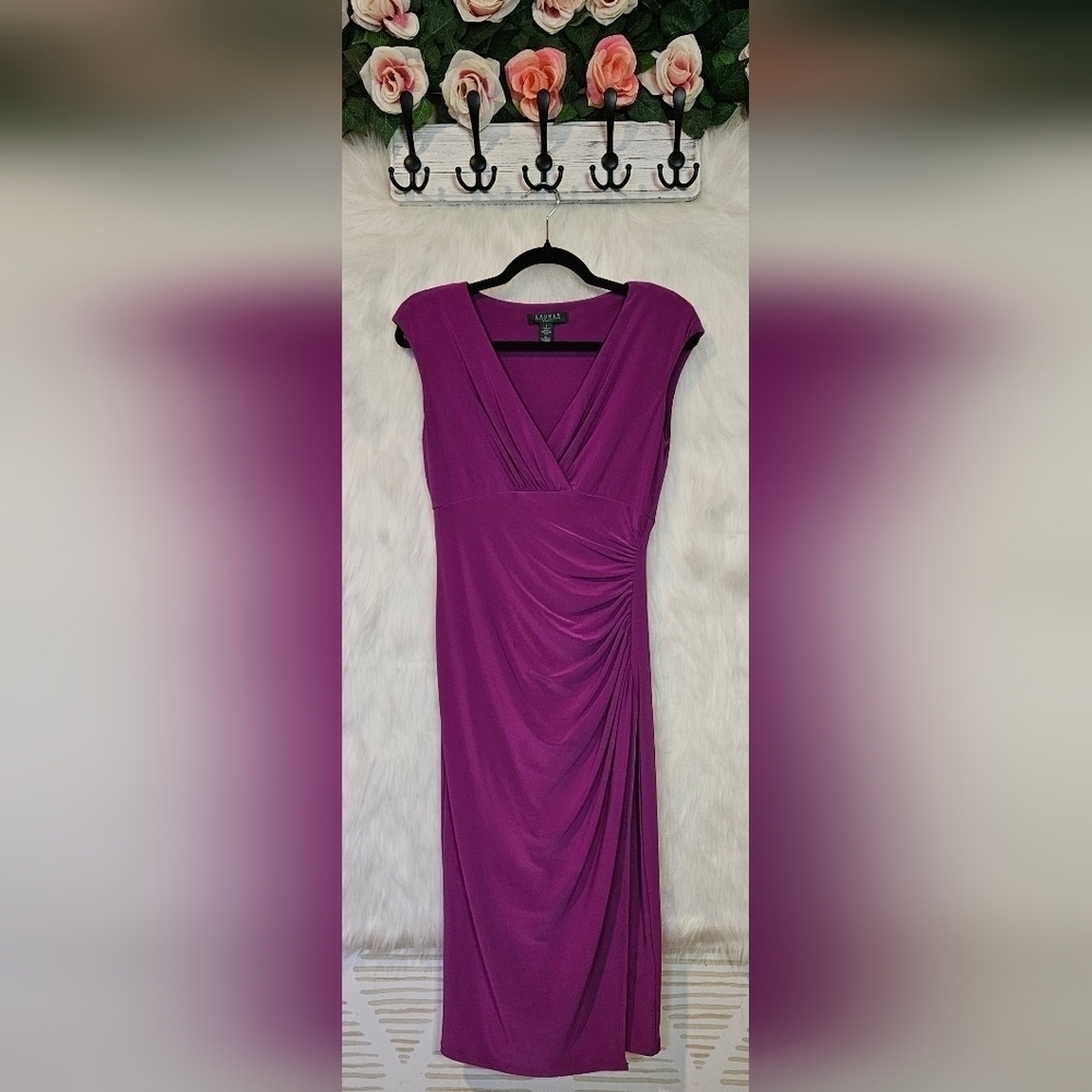 Lauren Ralph Lauren Classic Side Ruch Magenta Midi Dress